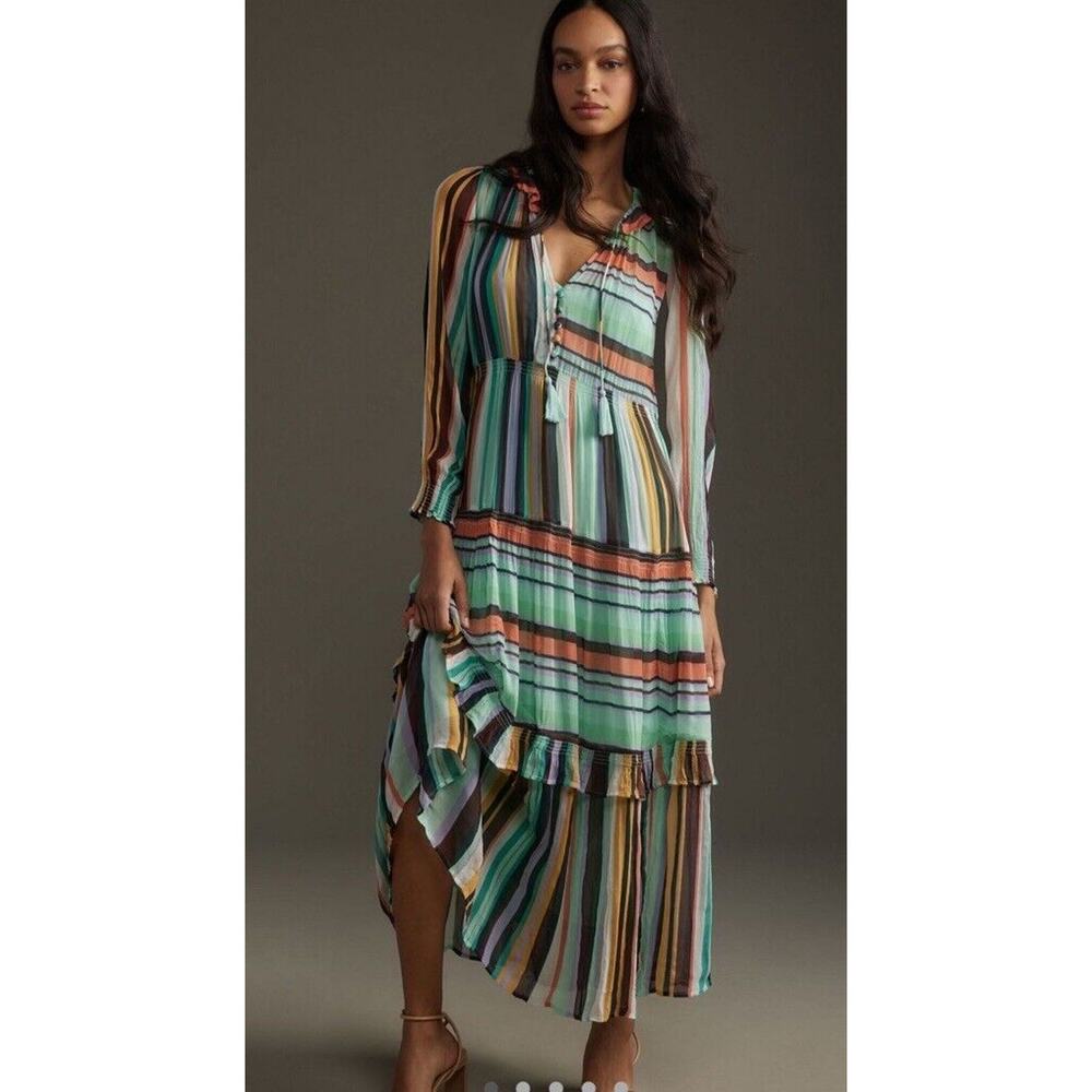 NWT Anthropologie Marais Chiffon Maxi Dress Floral Tiered Flowy Stripes Medium